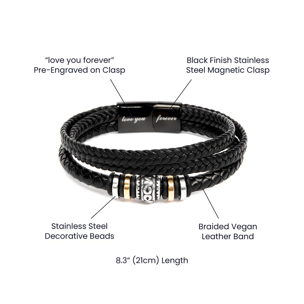 "Love You Forever" Vegan Leather Braided Bracelet Engraved - Brother - Black Finish Magnetic Stainless Steel Clasp - Stainless Steel Beads - FREE SHIPPING AND HANDLING INCLUDED