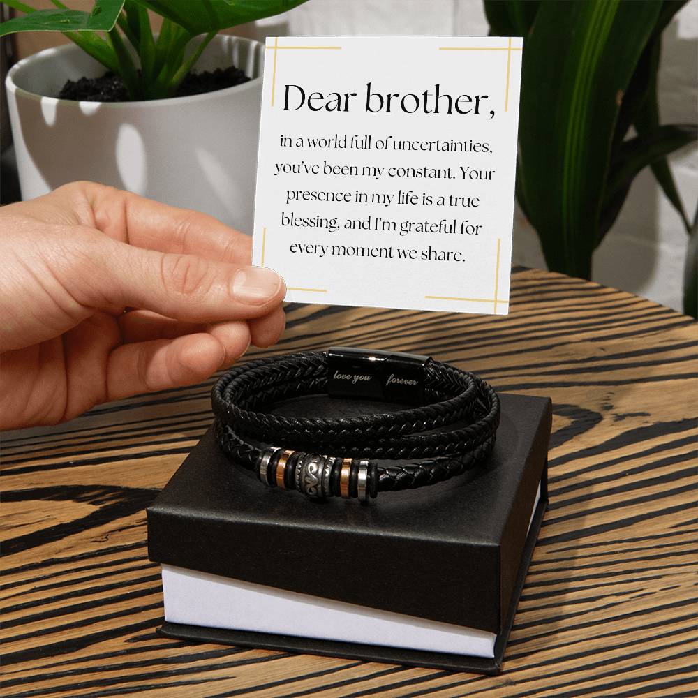 "Love You Forever" Vegan Leather Braided Bracelet Engraved - Brother - Black Finish Magnetic Stainless Steel Clasp - Stainless Steel Beads - FREE SHIPPING AND HANDLING INCLUDED