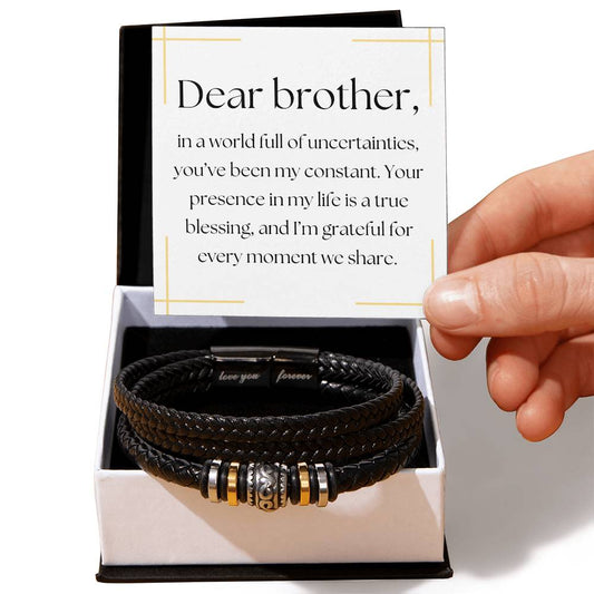 "Love You Forever" Vegan Leather Braided Bracelet Engraved - Brother - Black Finish Magnetic Stainless Steel Clasp - Stainless Steel Beads - FREE SHIPPING AND HANDLING INCLUDED