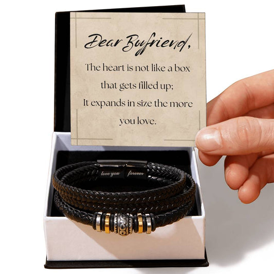 "Love You Forever" Vegan Leather Braided Bracelet Engraved - Boyfriend - Black Finish Magnetic Stainless Steel Clasp - Stainless Steel Beads - FREE SHIPPING AND HANDLING INCLUDED