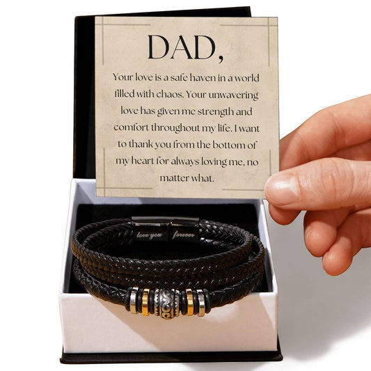 "Love You Forever" Vegan Leather Braided Bracelet Engraved - Gift for Dad - Black Finish Magnetic Stainless Steel Clasp - Stainless Steel Beads FREE SHIPPING AND HANDLING INCLUDED