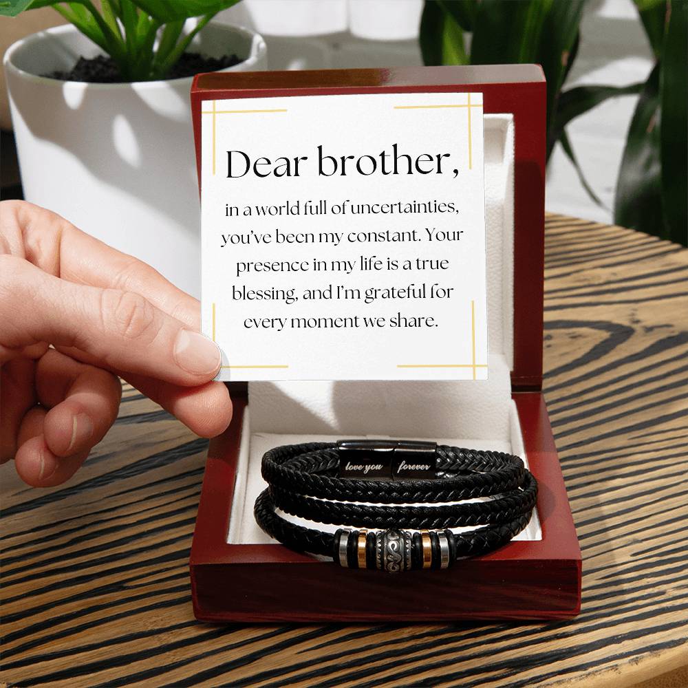 "Love You Forever" Vegan Leather Braided Bracelet Engraved - Brother - Black Finish Magnetic Stainless Steel Clasp - Stainless Steel Beads - FREE SHIPPING AND HANDLING INCLUDED